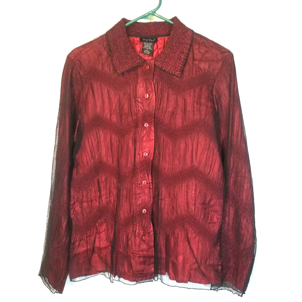 WEST END Red Shirt Black Tulle Overlay Button Front Textured Fabric Small Gothic